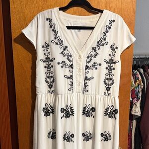 White Embroidered V-Neck Midi Dress